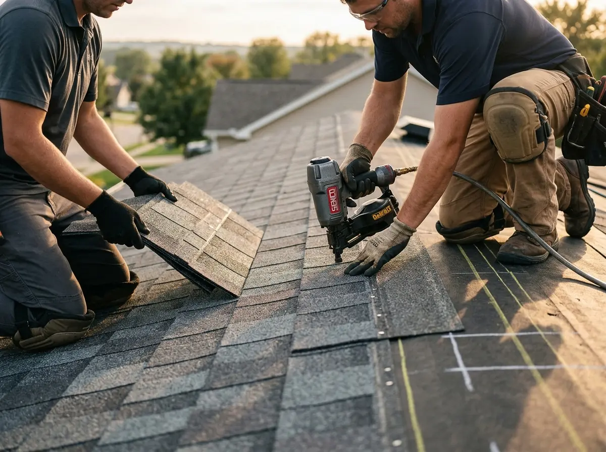 Professional roofer working on a residential roof in Olyphant